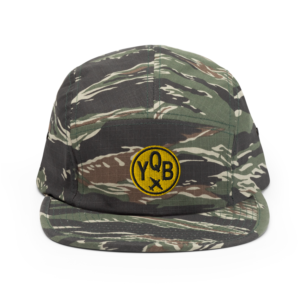YHM Designs - YQB Quebec City 5-Panel Camper Hat with Airport Code - Travel Gifts for Him and Her - Roundel Design with Vintage Airplane - Green Tiger Camo 01