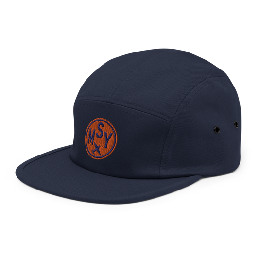 YHM Designs - MSY New Orleans 5-Panel Camper Hat with Airport Code - Travel Gifts for Him and Her - Roundel Design with Vintage Airplane - Image 1