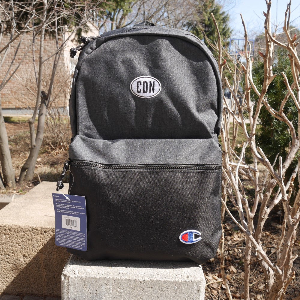 Oval Car Sticker Champion Backpack • Black and White Embroidery
