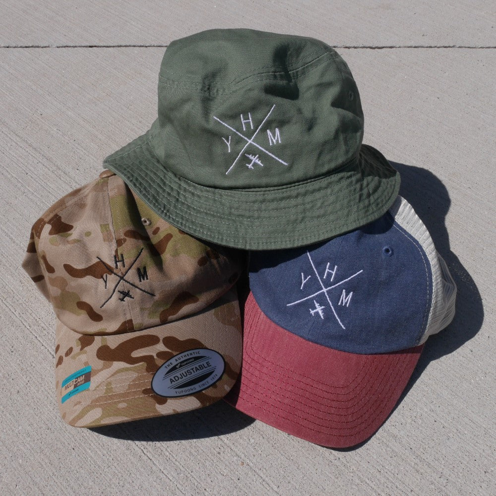 YHM Designs - YZF Yellowknife Organic Cotton Bucket Hat - Crossed-X Design with Airport Code and Vintage Propliner - White Embroidery - Image 11