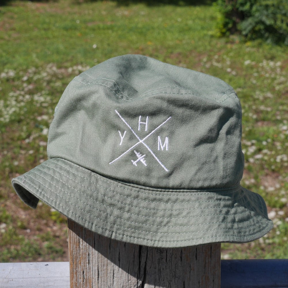 YHM Designs - YYC Calgary Organic Cotton Bucket Hat - Crossed-X Design with Airport Code and Vintage Propliner - White Embroidery - Image 09