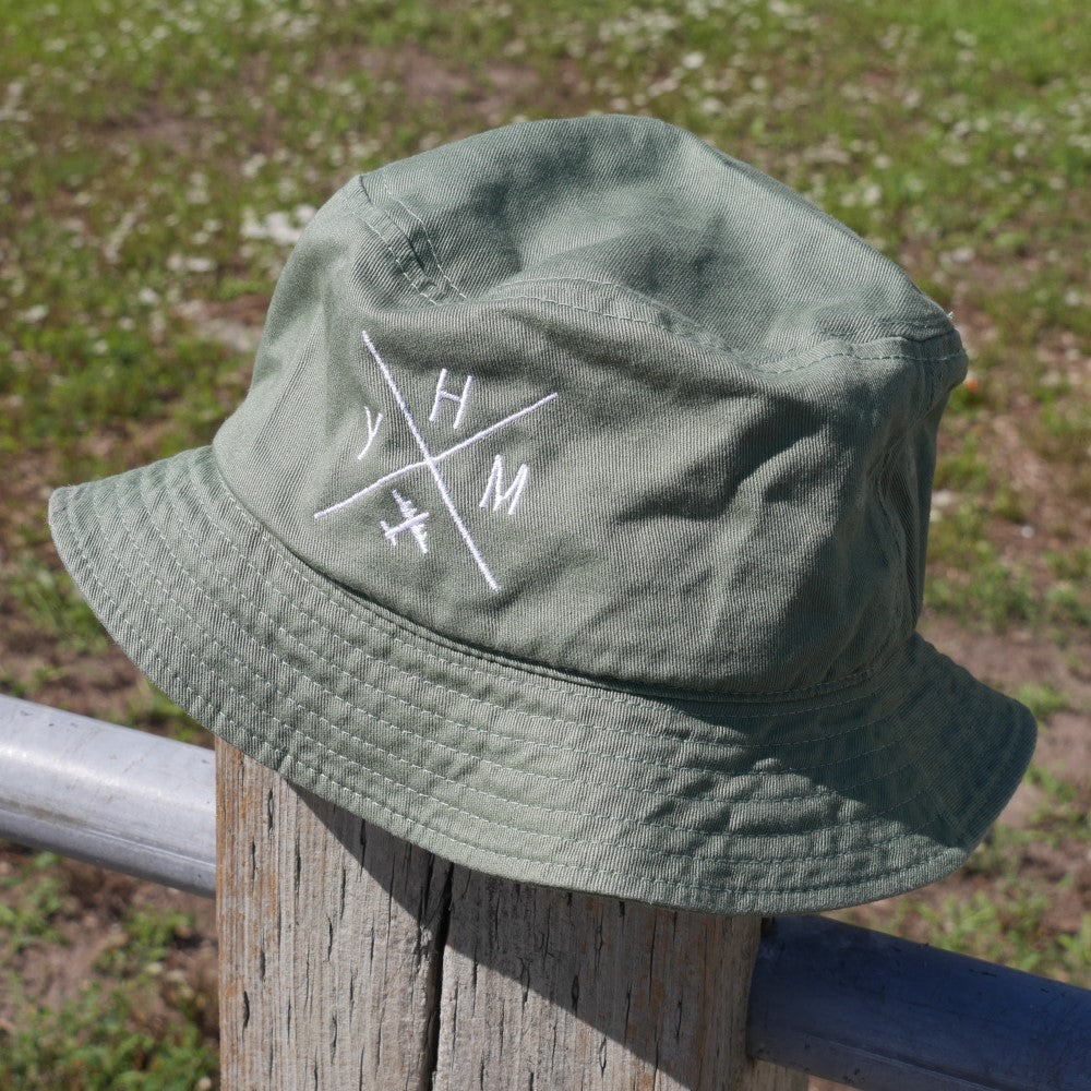 YHM Designs - YSJ Saint John Organic Cotton Bucket Hat - Crossed-X Design with Airport Code and Vintage Propliner - White Embroidery - Image 10