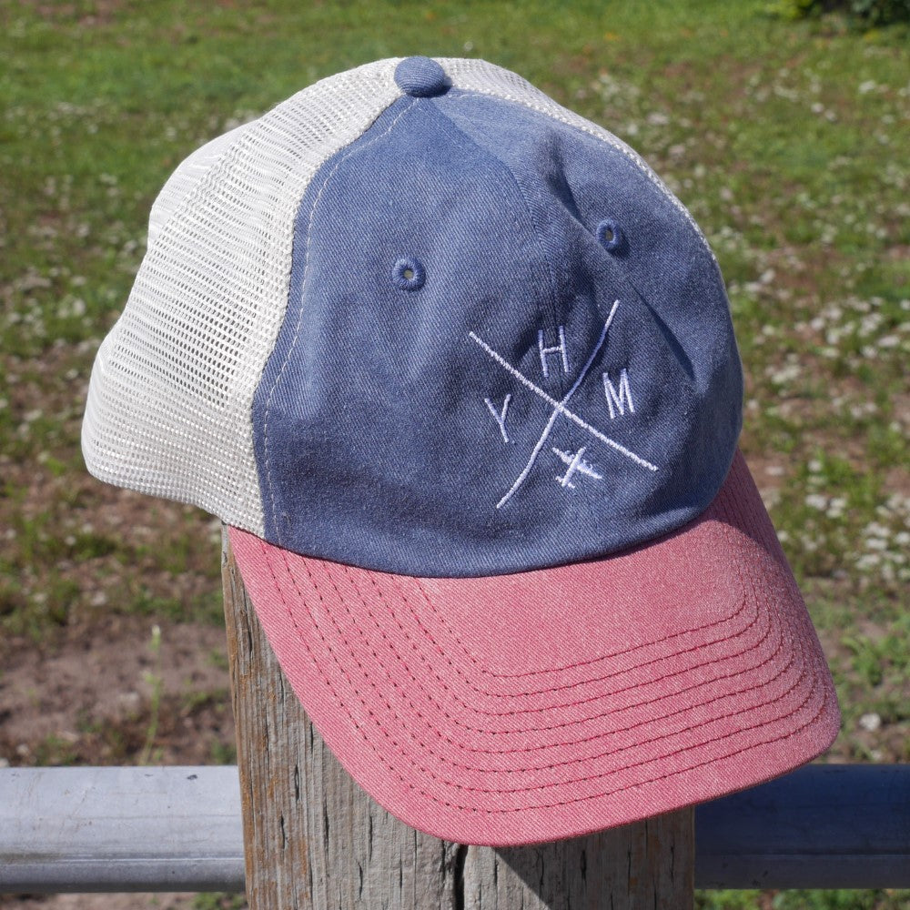 YHM Designs - YXU London Pigment-Dyed Trucker Cap - Crossed-X Design with Airport Code and Vintage Propliner - White Embroidery - Image 22