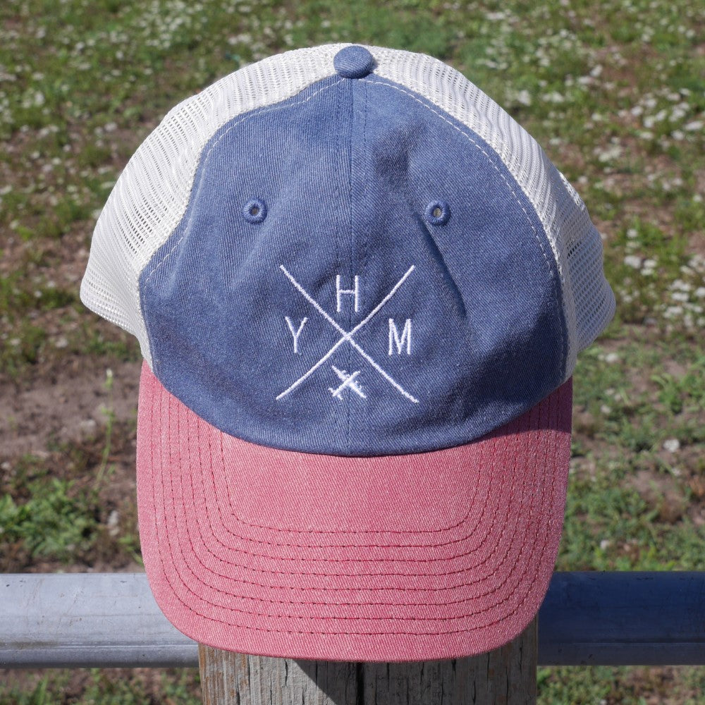 YHM Designs - YOW Ottawa Pigment-Dyed Trucker Cap - Crossed-X Design with Airport Code and Vintage Propliner - White Embroidery - Image 21