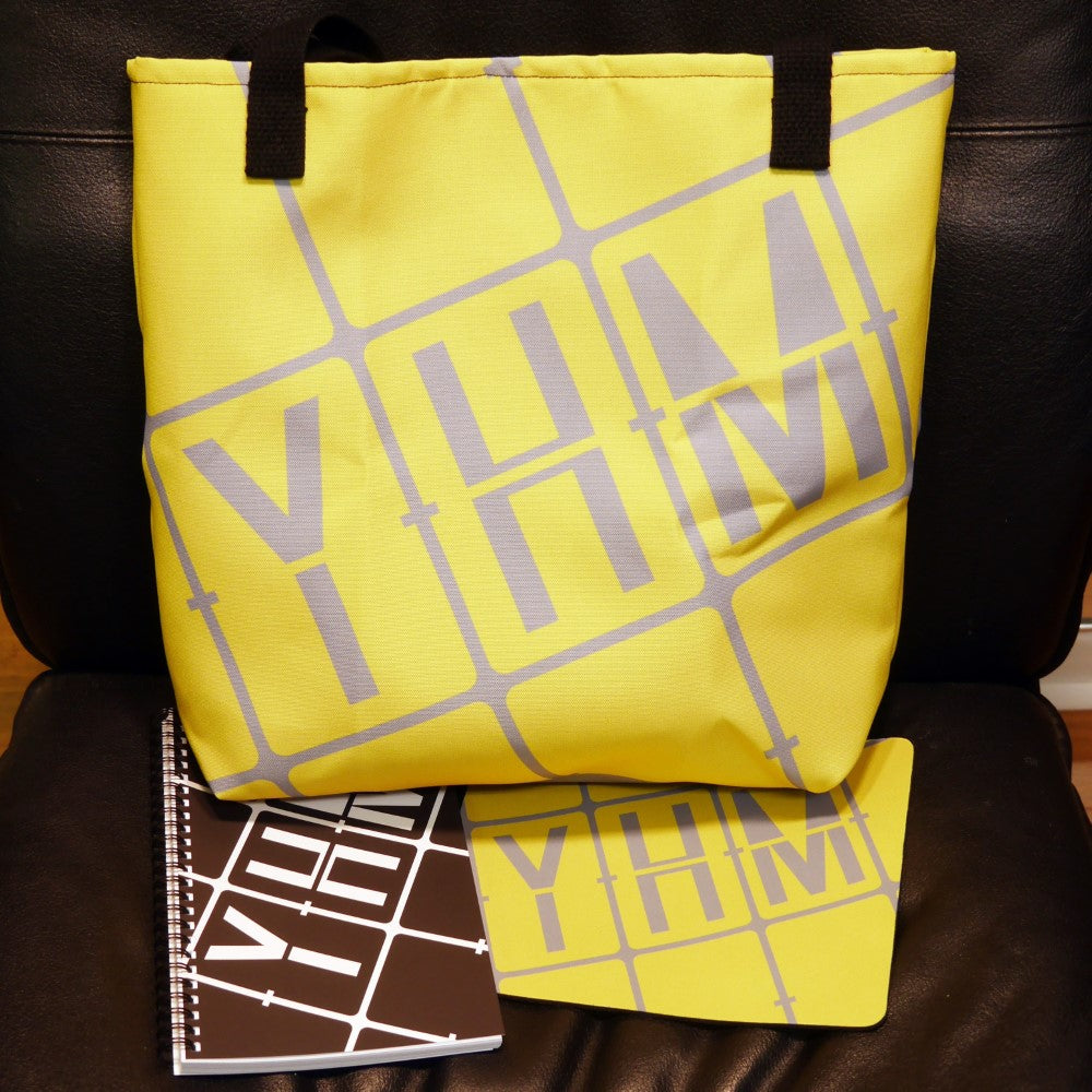 YHM Designs - YQB Quebec City Tote Bag - Aircraft Registration Lettering Design - Buttercup Yellow with White Graphic - Image 04