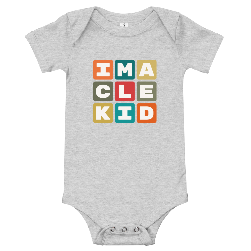 YHM Designs - CLE Cleveland Airport Code Baby Bodysuit - Colourful Blocks Design - Image 02