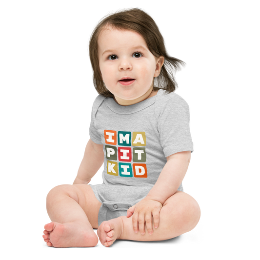 YHM Designs - PIT Pittsburgh Airport Code Baby Bodysuit - Colourful Blocks Design - Image 01