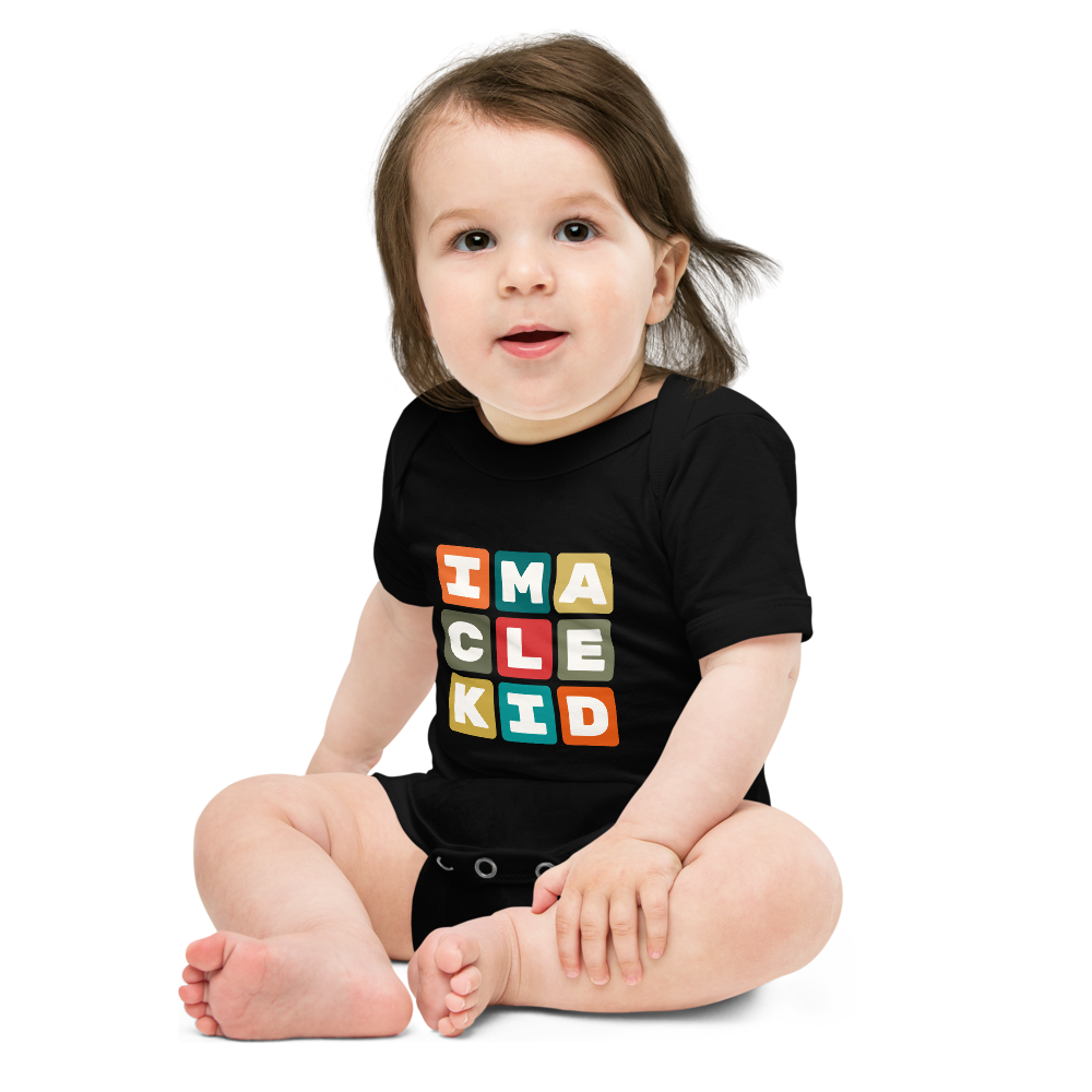 YHM Designs - CLE Cleveland Airport Code Baby Bodysuit - Colourful Blocks Design - Image 04
