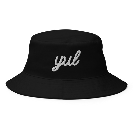 YHM Designs - YUL Montreal Airport Code Bucket Hat - Vintage Script Design - White Embroidery - Image 01