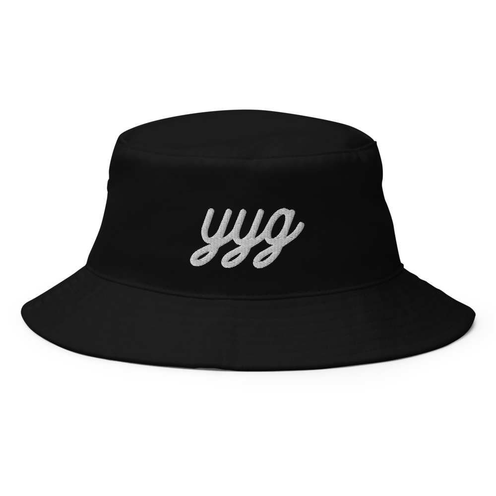YHM Designs - YYG Charlottetown Airport Code Bucket Hat - Vintage Script Design - White Embroidery - Image 01