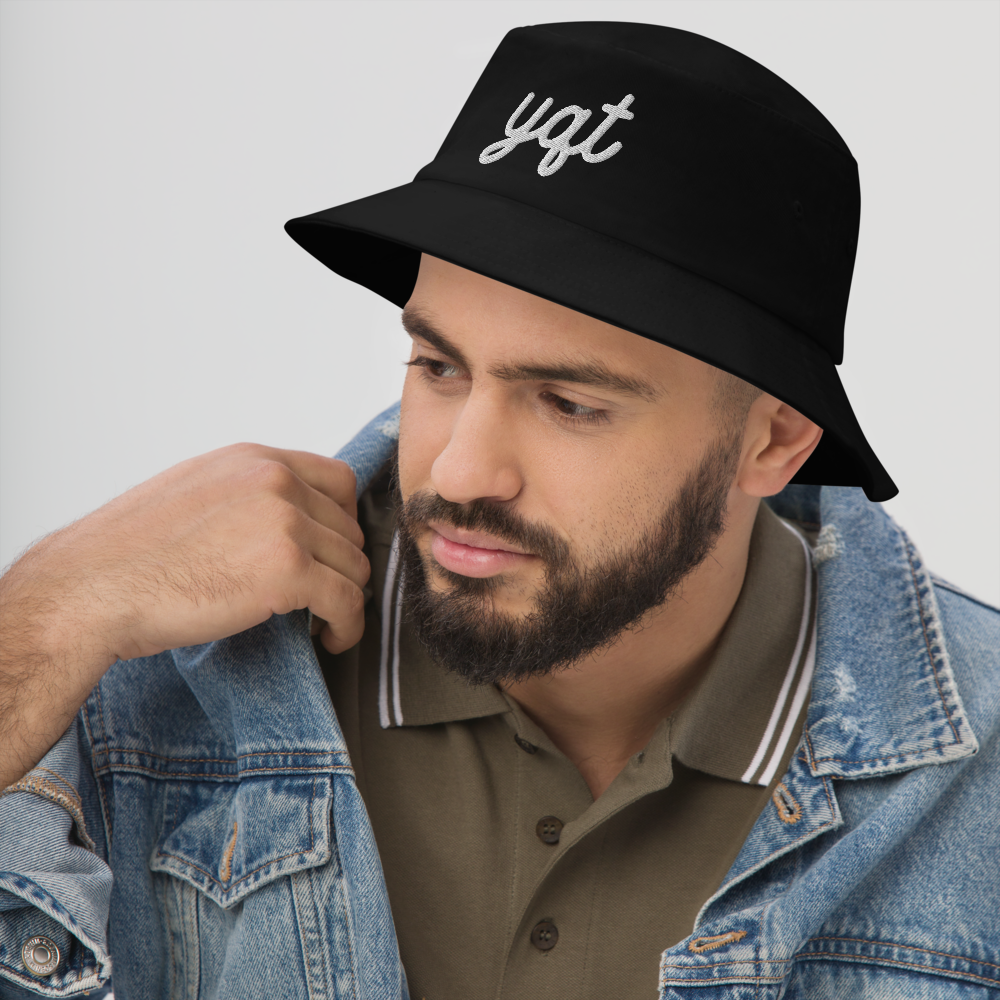 YHM Designs - YQT Thunder Bay Airport Code Bucket Hat - Vintage Script Design - White Embroidery - Image 03