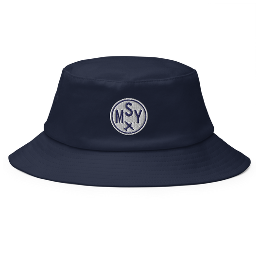 YHM Designs - MSY New Orleans Old School Cool Bucket Hat with Airport Code - Travel Gifts for Him and Her - Roundel Design with Vintage Airplane - Image 1