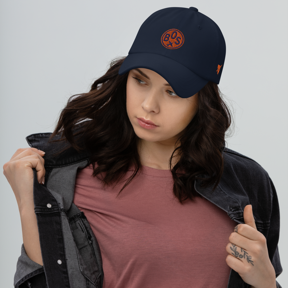 YHM Designs - BOS Boston Airport Code Baseball Cap/Dad Hat - Roundel Design with Vintage Airplane - Navy Blue Lifestyle 02