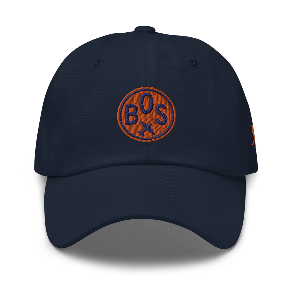 YHM Designs - BOS Boston Airport Code Baseball Cap/Dad Hat - Roundel Design with Vintage Airplane - Navy Blue 02