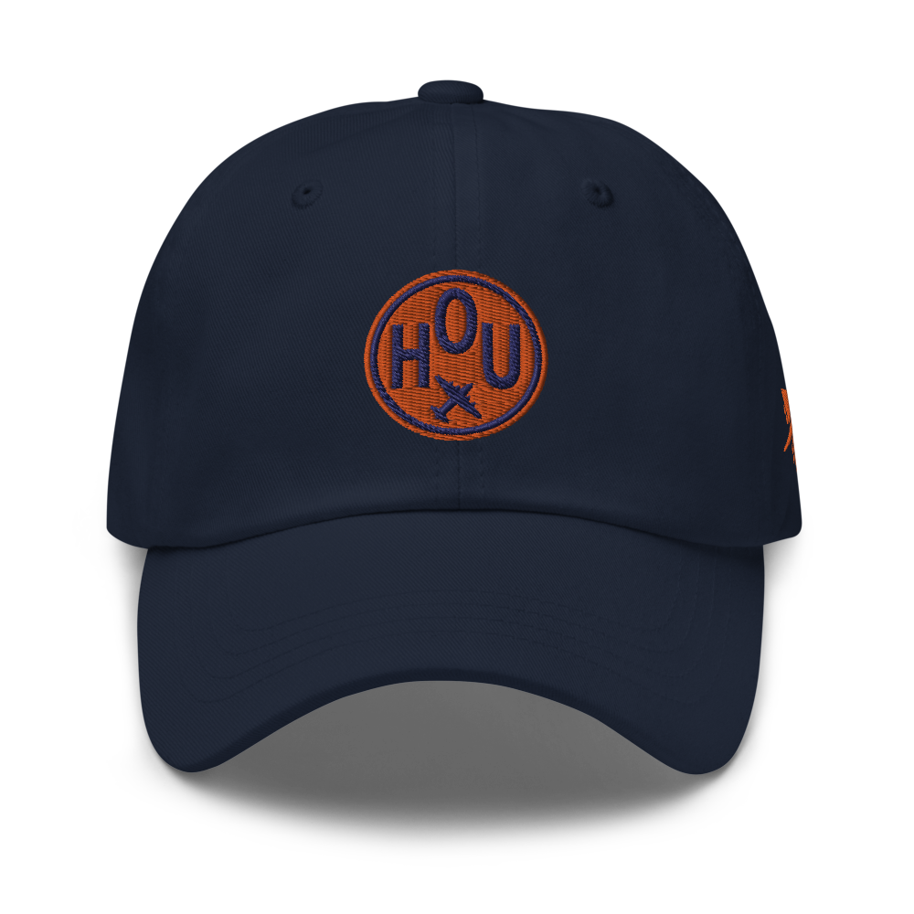YHM Designs - HOU Houston Airport Code Baseball Cap/Dad Hat - Roundel Design with Vintage Airplane - Navy Blue 02