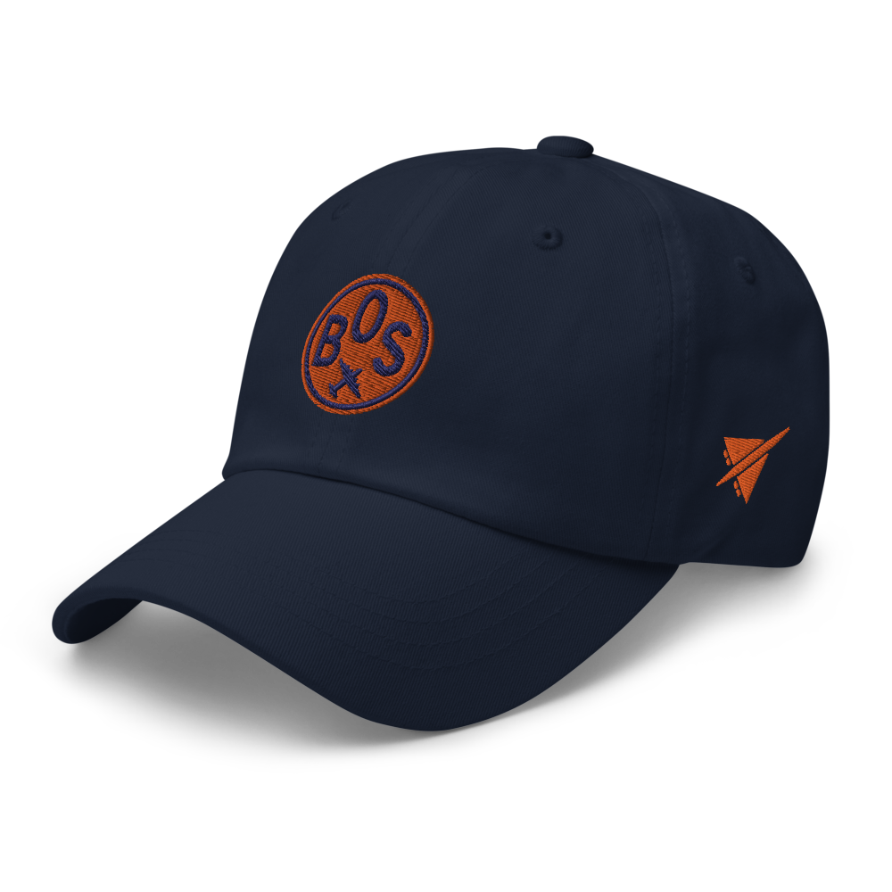 YHM Designs - BOS Boston Airport Code Baseball Cap/Dad Hat - Roundel Design with Vintage Airplane - Navy Blue 01