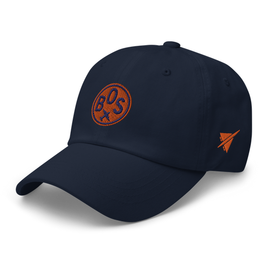 YHM Designs - BOS Boston Airport Code Baseball Cap/Dad Hat - Roundel Design with Vintage Airplane - Navy Blue 01