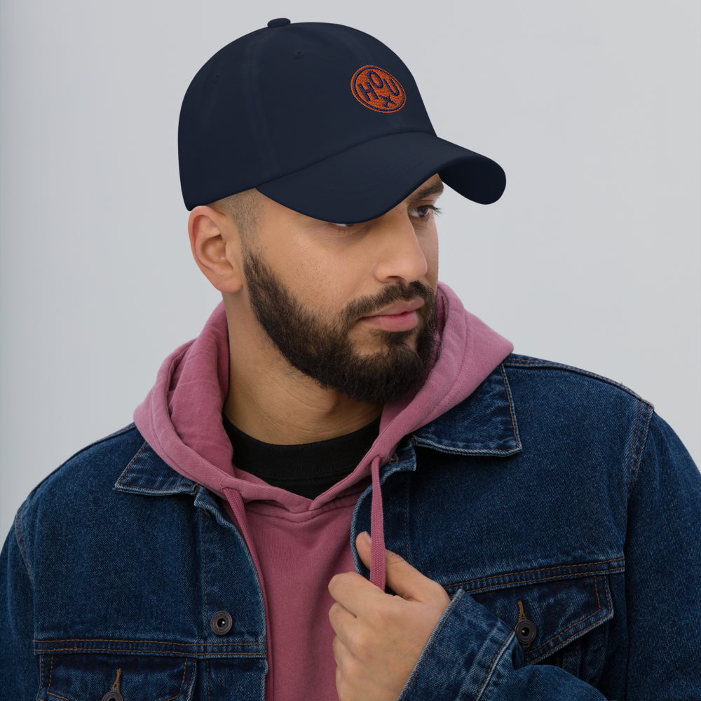 YHM Designs - HOU Houston Airport Code Baseball Cap/Dad Hat - Roundel Design with Vintage Airplane - Navy Blue Lifestyle 01