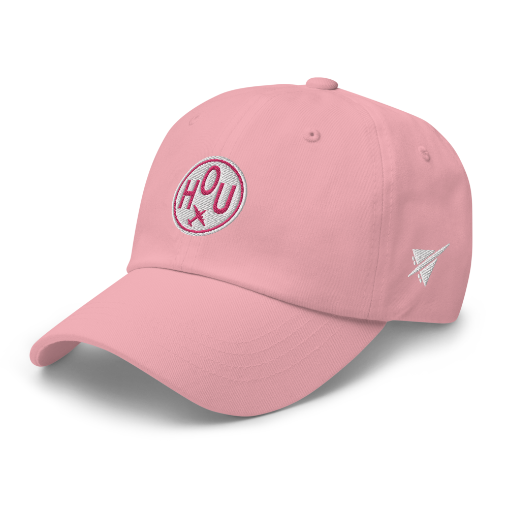 YHM Designs - HOU Houston Airport Code Baseball Cap/Dad Hat - Roundel Design with Vintage Airplane - Pink 02