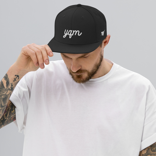 YHM Designs - YQM Moncton Airport Code Snapback Hat - Vintage Script Design - White Embroidery - Image 02
