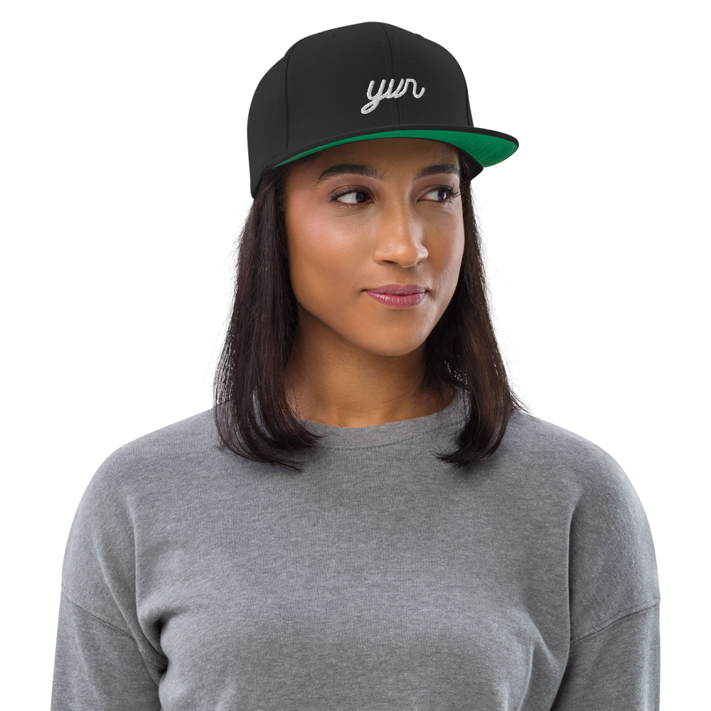 YHM Designs - YVR Vancouver Airport Code Snapback Hat - Vintage Script Design - White Embroidery - Image 04
