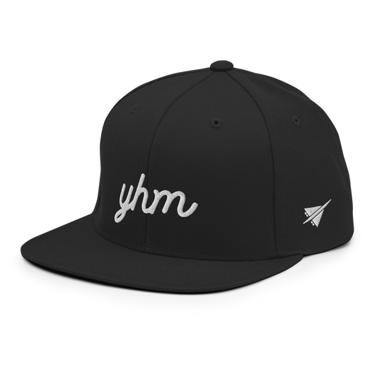 YHM Designs - YHM Hamilton Airport Code Snapback Hat - Vintage Script Design - White Embroidery - Image 01