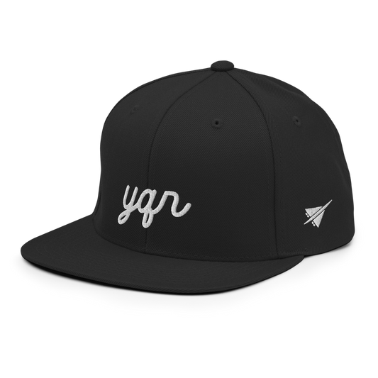 YHM Designs - YQR Regina Airport Code Snapback Hat - Vintage Script Design - White Embroidery - Image 01