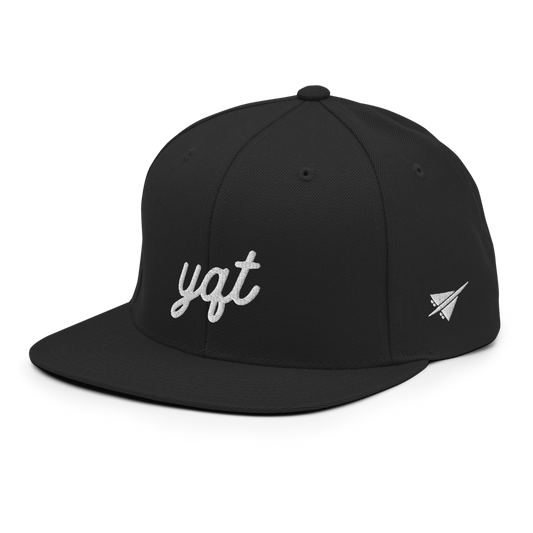 YHM Designs - YQT Thunder Bay Airport Code Snapback Hat - Vintage Script Design - White Embroidery - Image 01