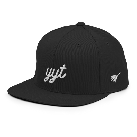YHM Designs - YYT St. John's Airport Code Snapback Hat - Vintage Script Design - White Embroidery - Image 01