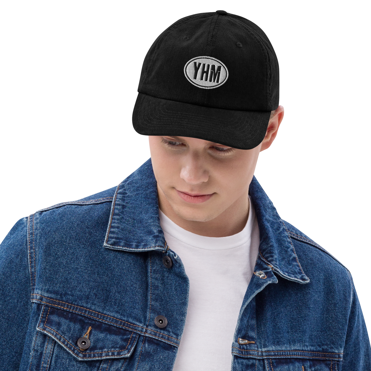 Oval Car Sticker Corduroy Hat • Black and White Embroidery