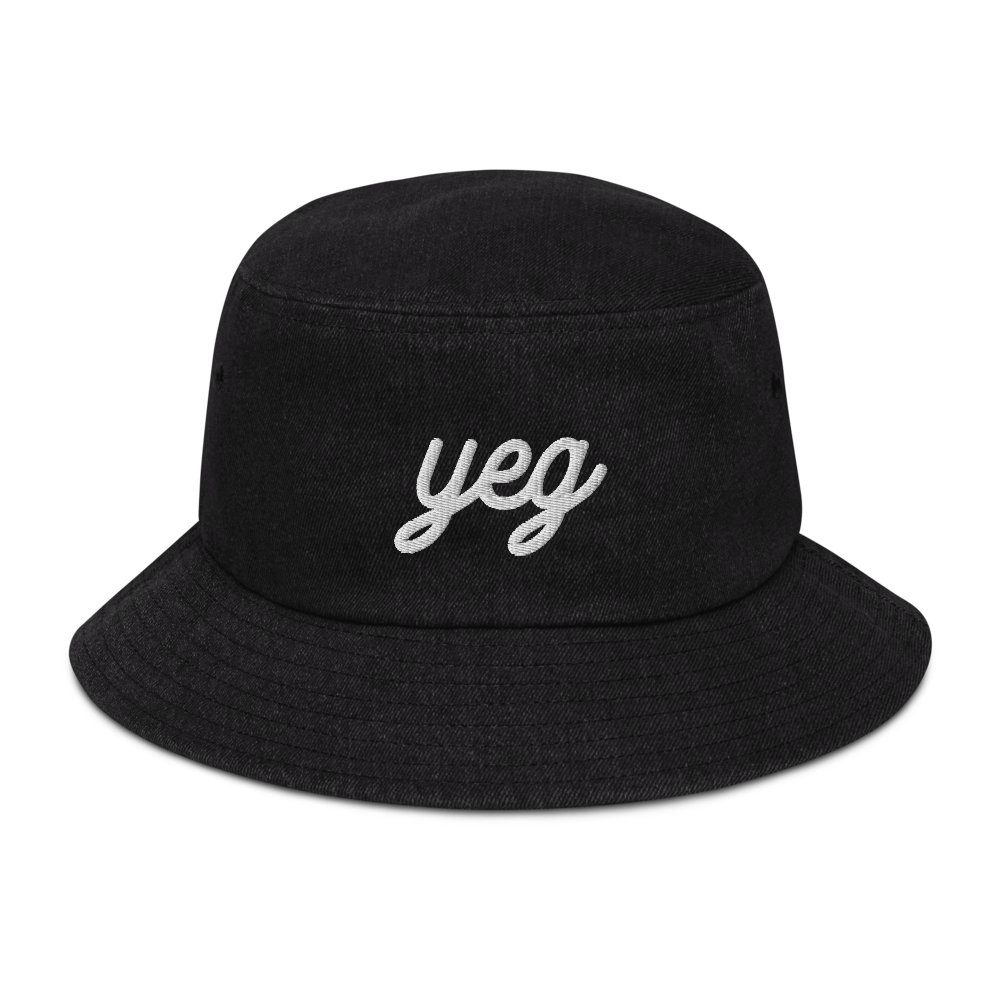 YHM Designs - YEG Edmonton Airport Code Denim Bucket Hat - Vintage Script Design - White Embroidery - Image 05