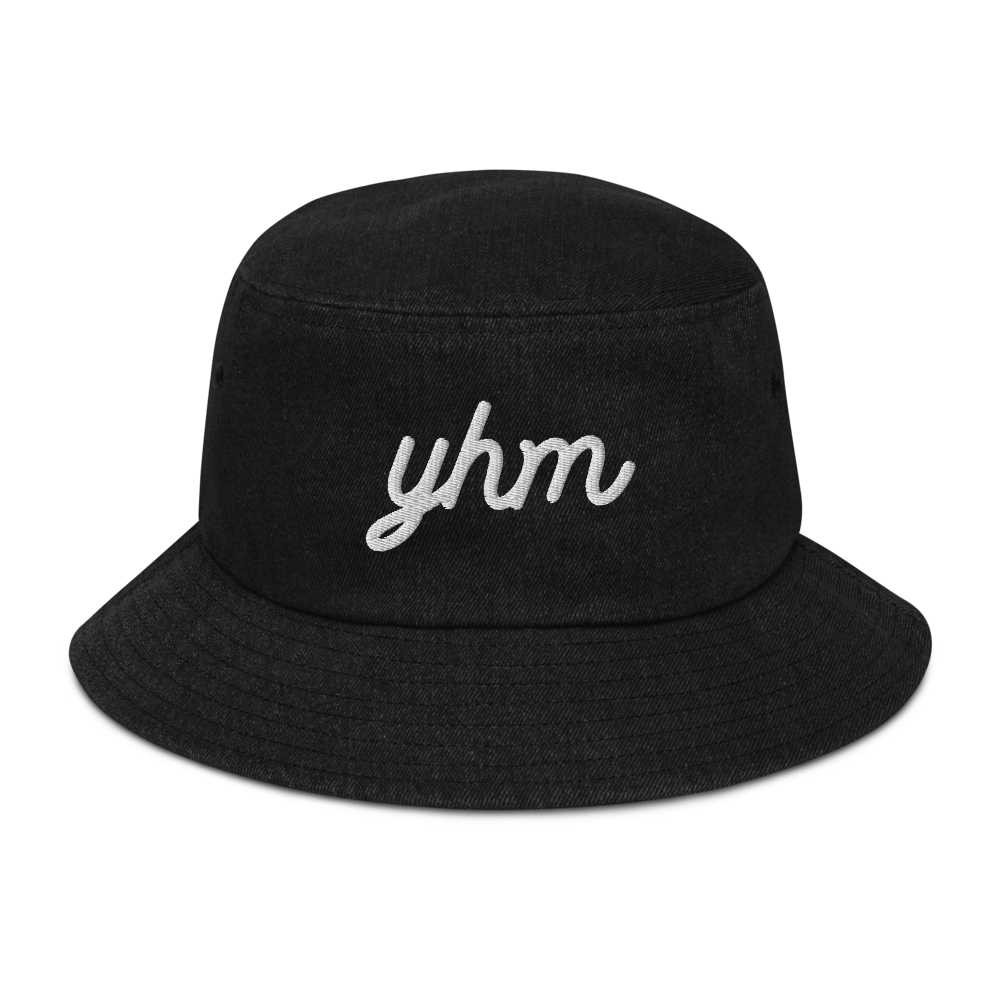 YHM Designs - YHM Hamilton Airport Code Denim Bucket Hat - Vintage Script Design - White Embroidery - Image 05