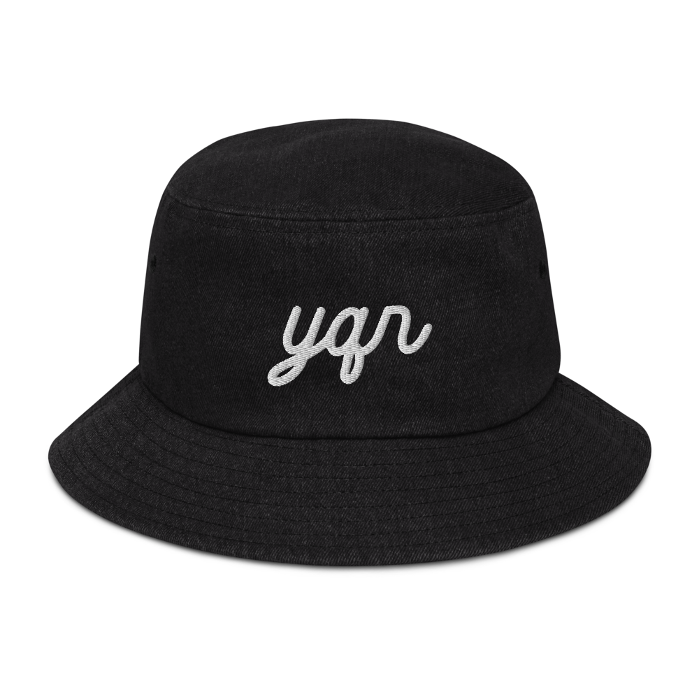 YHM Designs - YQR Regina Airport Code Denim Bucket Hat - Vintage Script Design - White Embroidery - Image 05