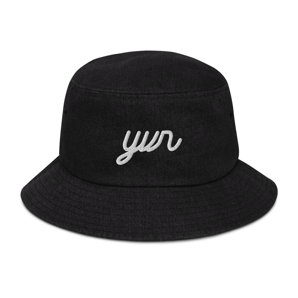 YHM Designs - YVR Vancouver Airport Code Denim Bucket Hat - Vintage Script Design - White Embroidery - Image 05