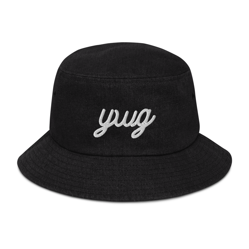 YHM Designs - YWG Winnipeg Airport Code Denim Bucket Hat - Vintage Script Design - White Embroidery - Image 05