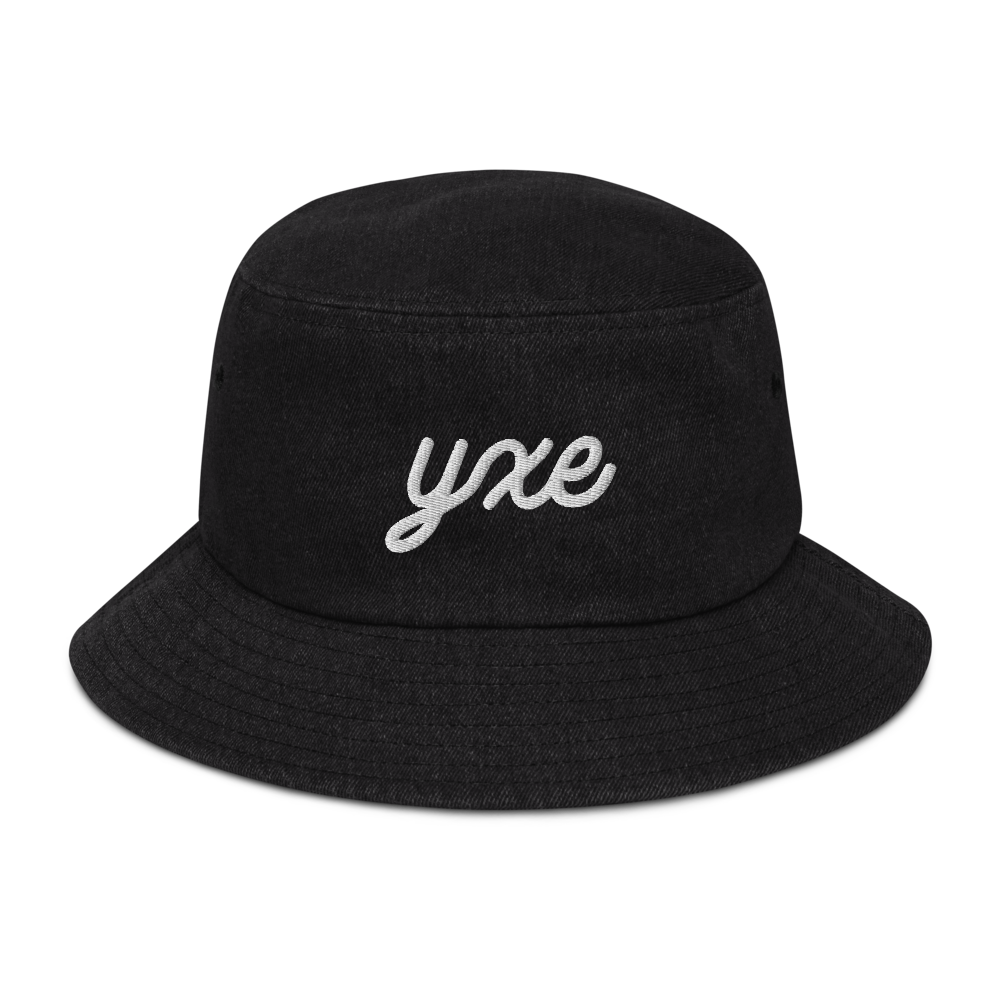 YHM Designs - YXE Saskatoon Airport Code Denim Bucket Hat - Vintage Script Design - White Embroidery - Image 05