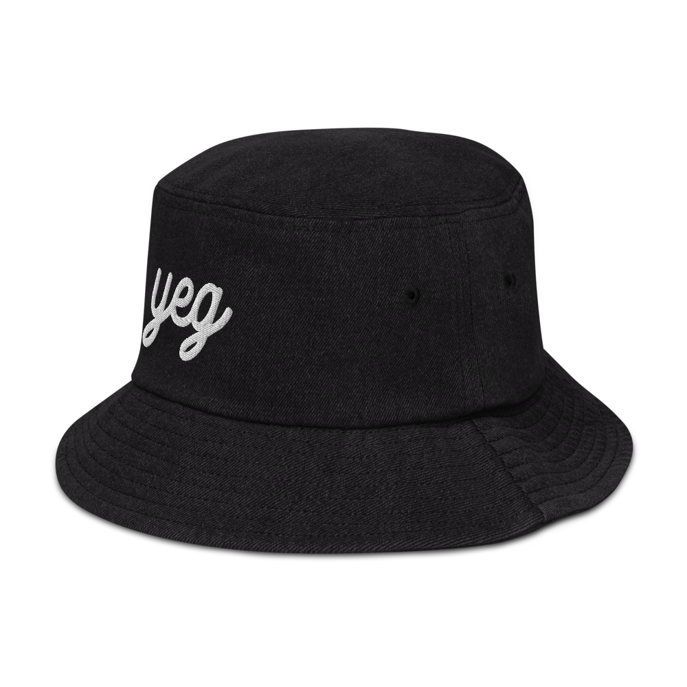YHM Designs - YEG Edmonton Airport Code Denim Bucket Hat - Vintage Script Design - White Embroidery - Image 08