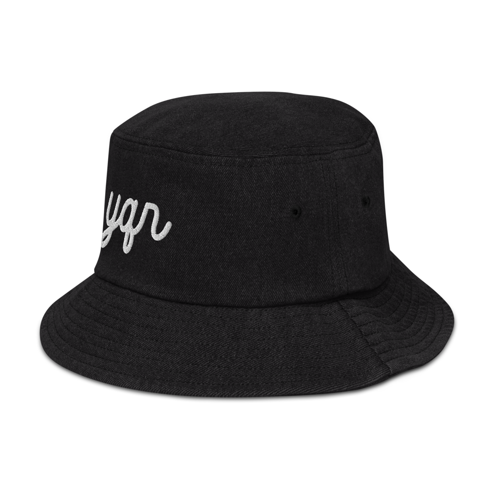 YHM Designs - YQR Regina Airport Code Denim Bucket Hat - Vintage Script Design - White Embroidery - Image 08