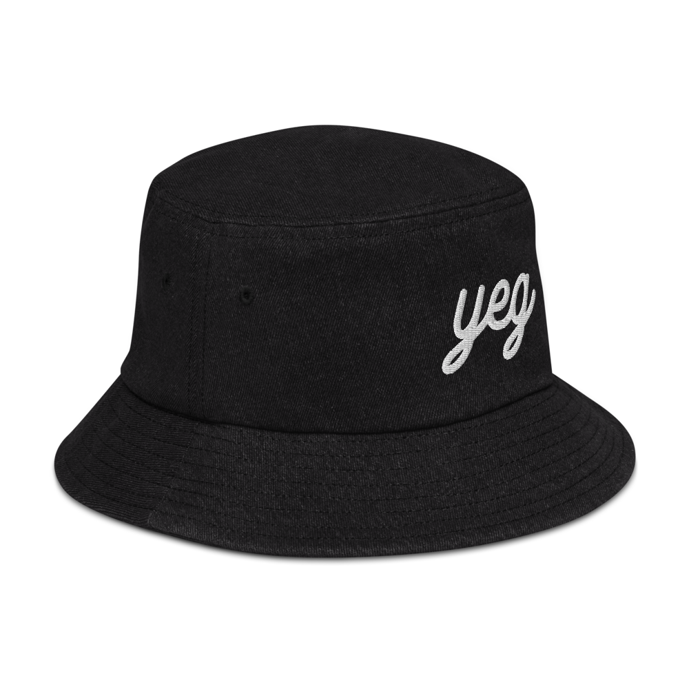 YHM Designs - YEG Edmonton Airport Code Denim Bucket Hat - Vintage Script Design - White Embroidery - Image 07