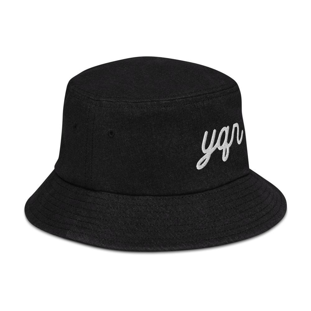 YHM Designs - YQR Regina Airport Code Denim Bucket Hat - Vintage Script Design - White Embroidery - Image 07