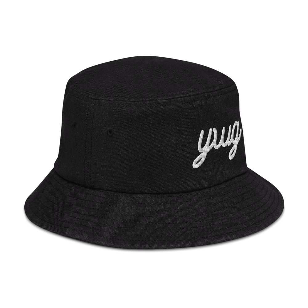 YHM Designs - YWG Winnipeg Airport Code Denim Bucket Hat - Vintage Script Design - White Embroidery - Image 07