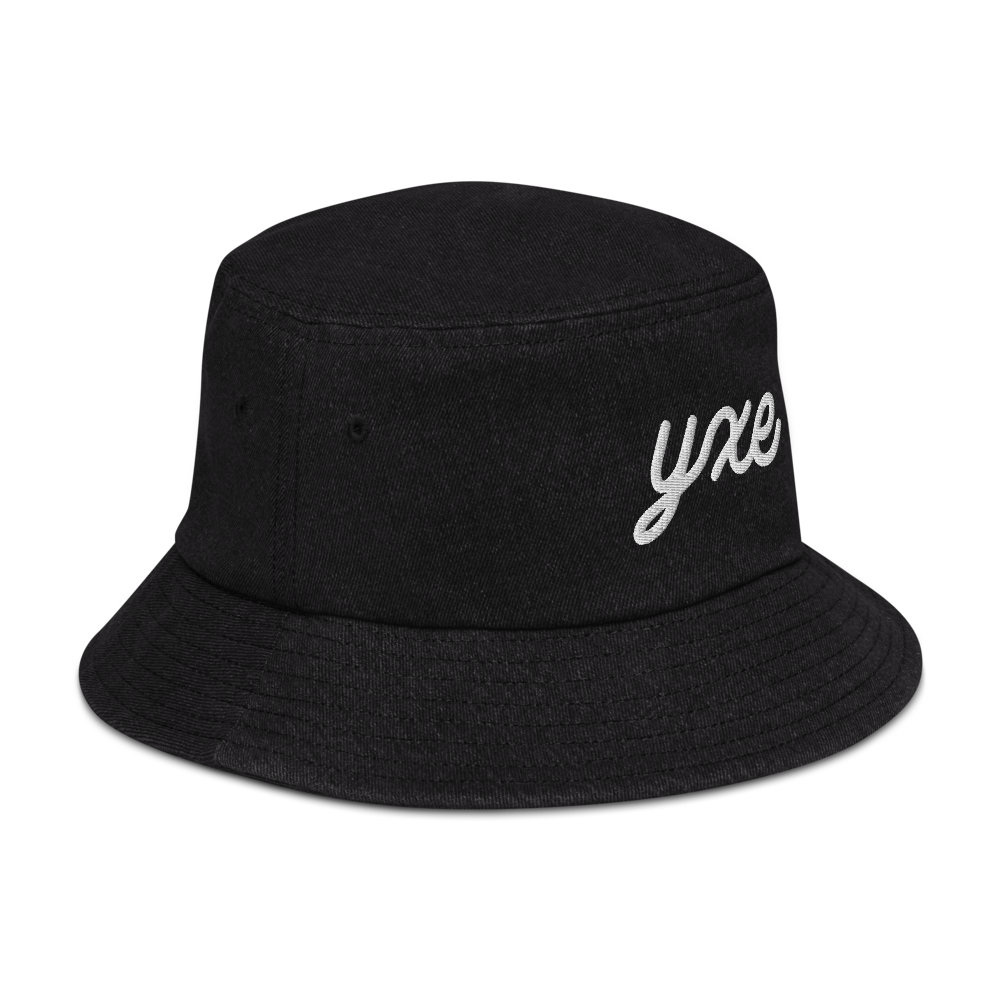 YHM Designs - YXE Saskatoon Airport Code Denim Bucket Hat - Vintage Script Design - White Embroidery - Image 07
