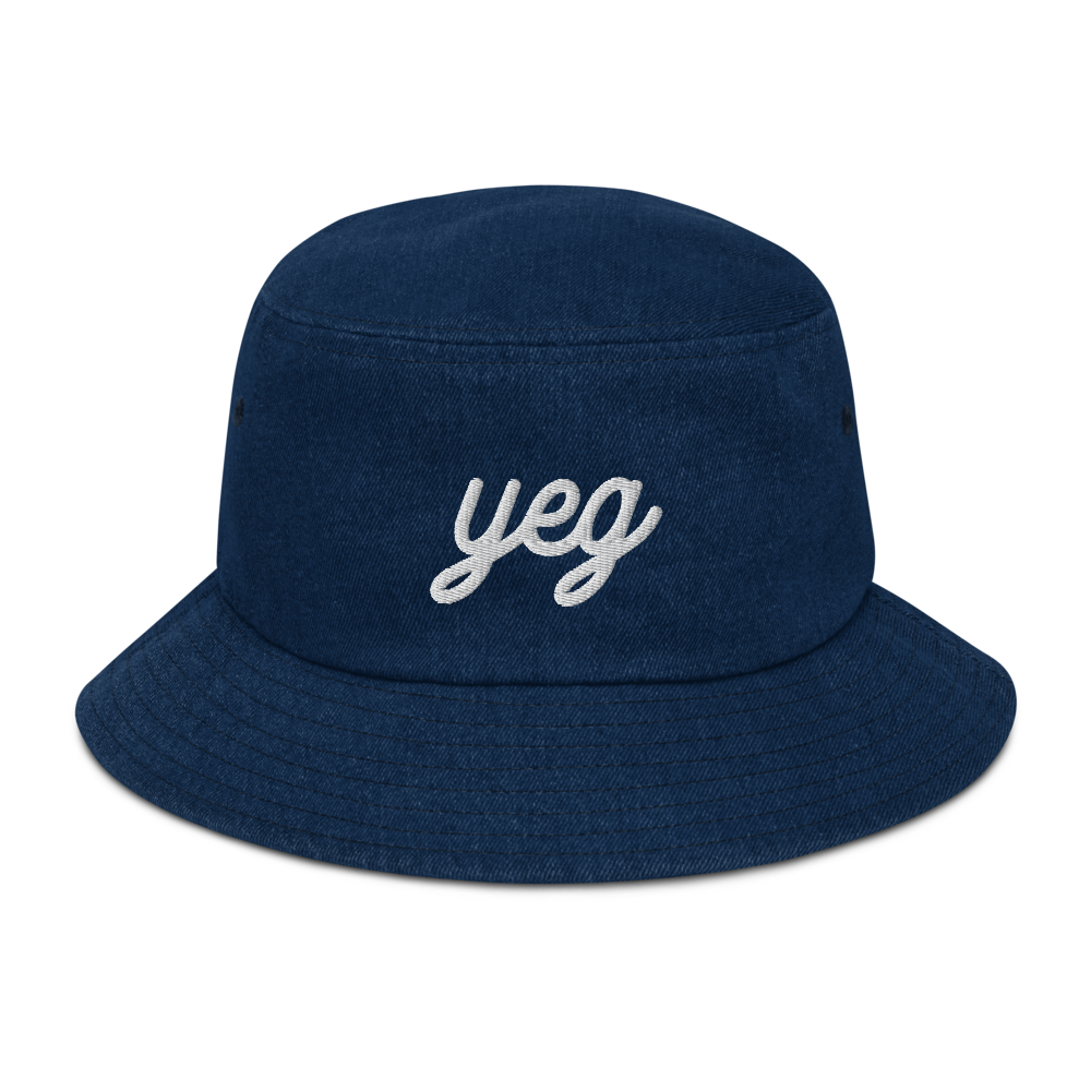 YHM Designs - YEG Edmonton Airport Code Denim Bucket Hat - Vintage Script Design - White Embroidery - Image 01
