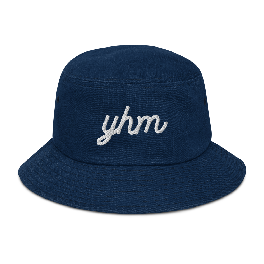 YHM Designs - YHM Hamilton Airport Code Denim Bucket Hat - Vintage Script Design - White Embroidery - Image 01