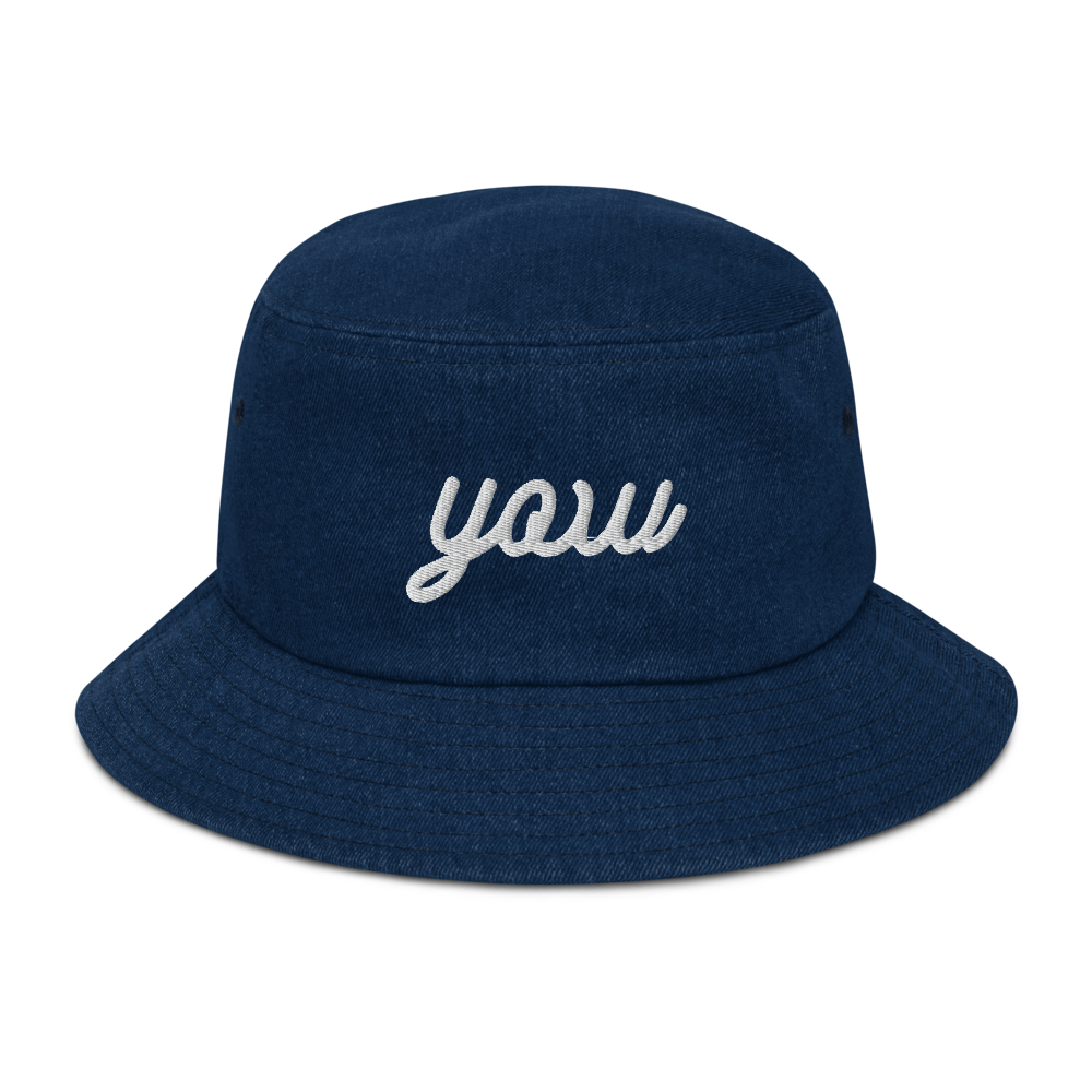 YHM Designs - YOW Ottawa Airport Code Denim Bucket Hat - Vintage Script Design - White Embroidery - Image 01