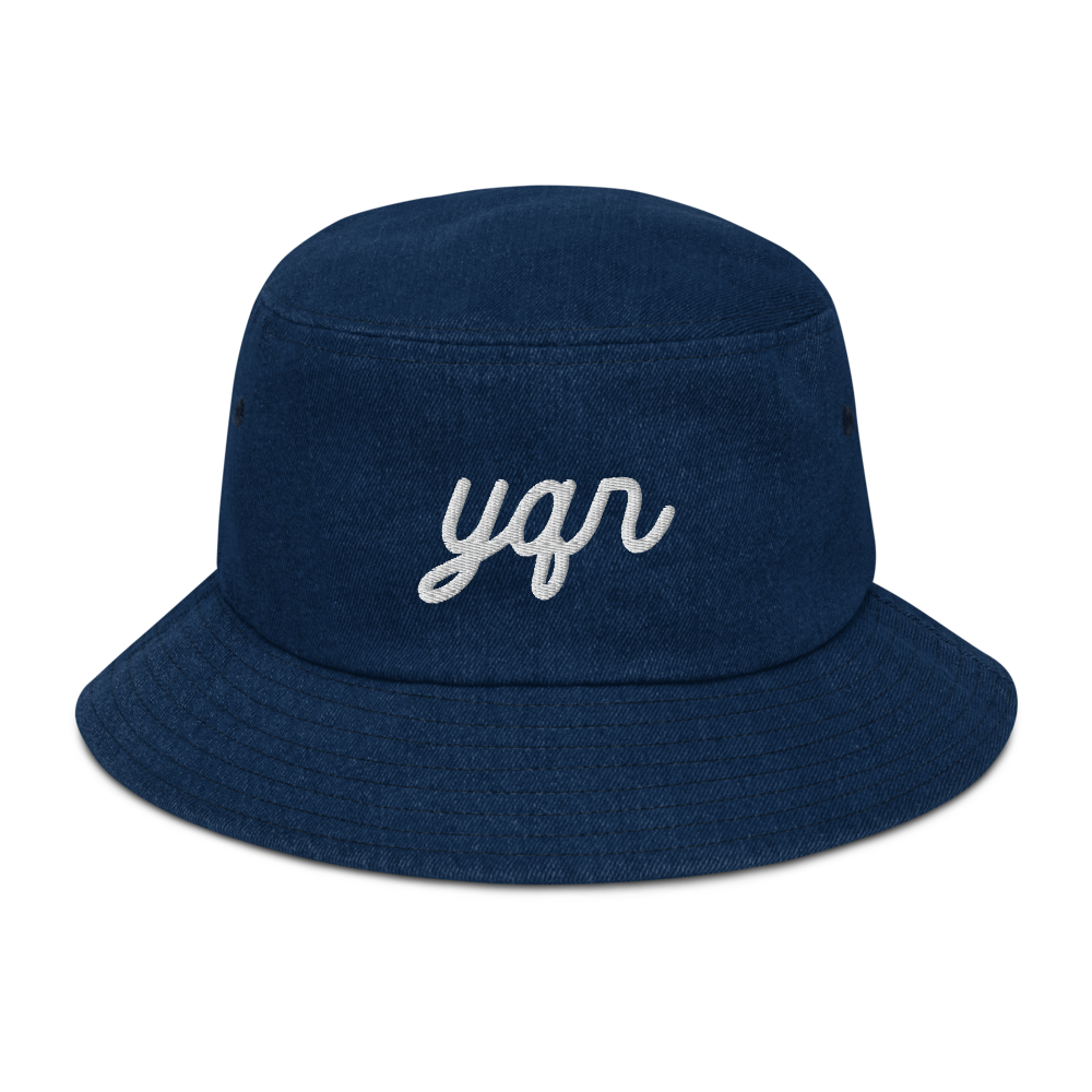 YHM Designs - YQR Regina Airport Code Denim Bucket Hat - Vintage Script Design - White Embroidery - Image 01