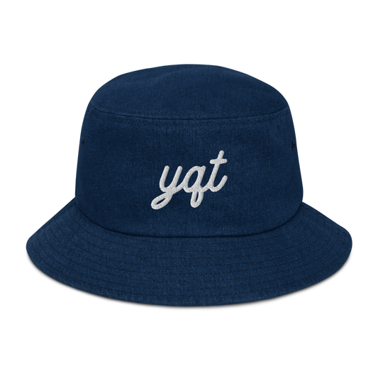 YHM Designs - YQT Thunder Bay Airport Code Denim Bucket Hat - Vintage Script Design - White Embroidery - Image 01