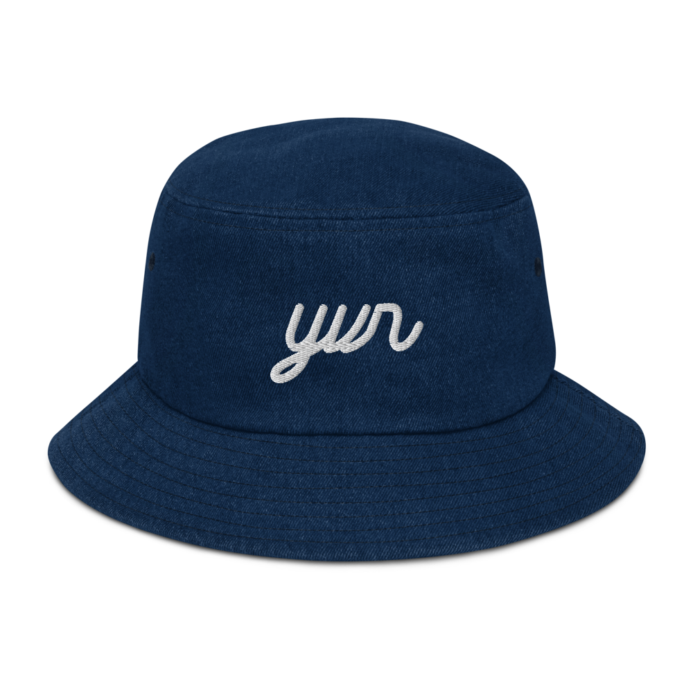 YHM Designs - YVR Vancouver Airport Code Denim Bucket Hat - Vintage Script Design - White Embroidery - Image 01