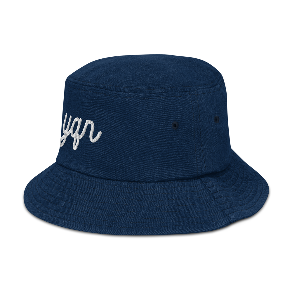 YHM Designs - YQR Regina Airport Code Denim Bucket Hat - Vintage Script Design - White Embroidery - Image 11