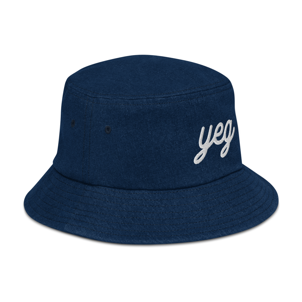 YHM Designs - YEG Edmonton Airport Code Denim Bucket Hat - Vintage Script Design - White Embroidery - Image 10